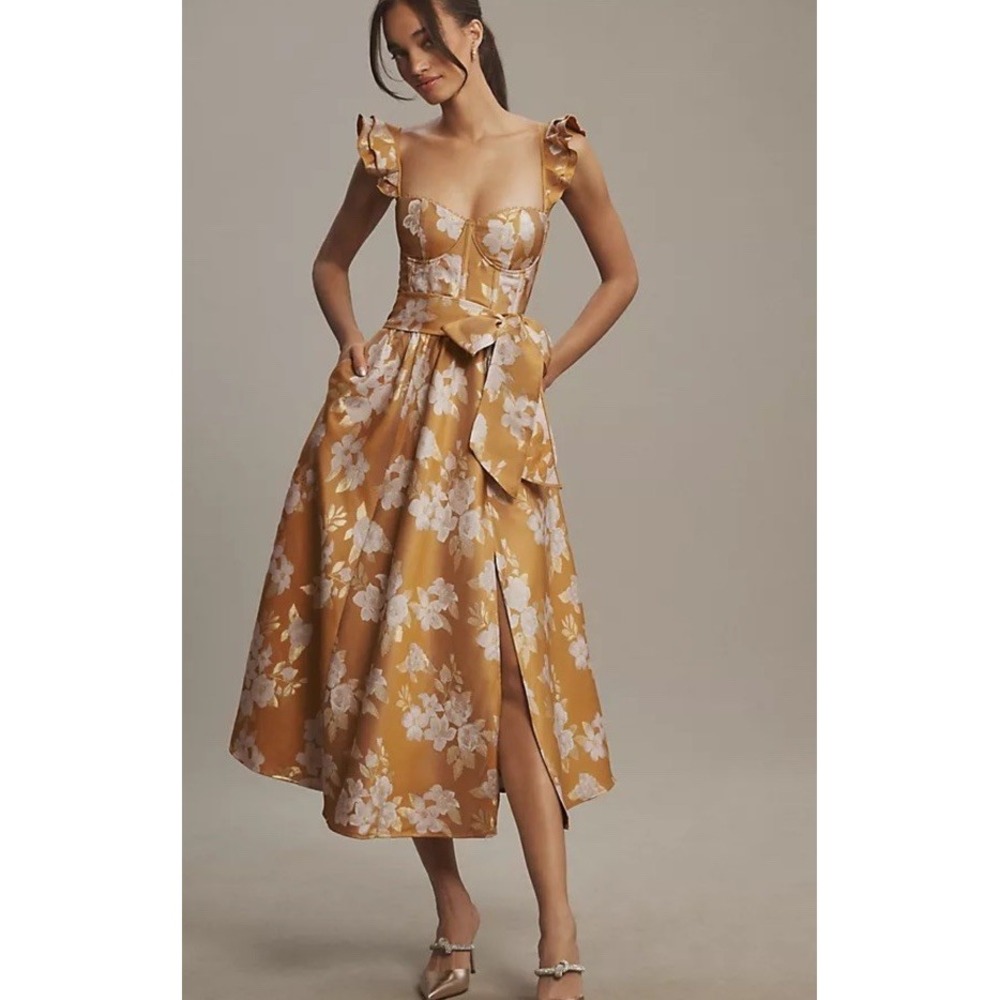 $525 Anthropologie V. Chapman Vera Ruffle Corset Slit Gold Dress Floral  10 Midi - Picture 2 of 15
